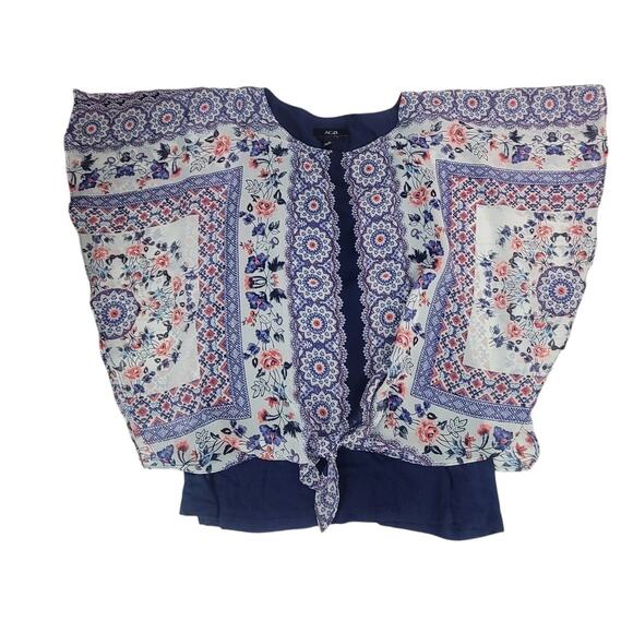 AGB Medium Boho Floral Print Kimono Blouse Navy White Tie Front - Picture 1 of 5